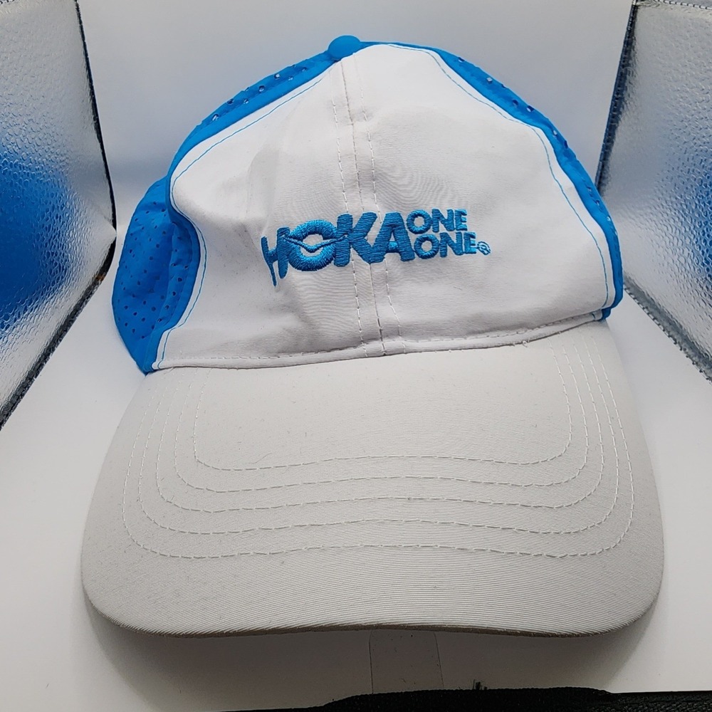 Hoka One One Running Hat Mens White Blue Mesh Performance Adjustable Cap OSFM